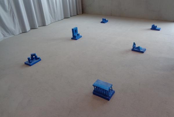 Six of the 40 blue monochrome objects in the exhibition hall.